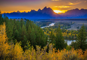 River Overlook, Grand Teton National Park, sunset, Mountains, river, forest