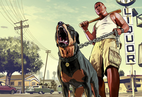 Франклин, чоп, GTA V, Grand Theft Auto V, Франклин и его пёс, на цепи, бита