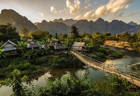 Деревня, Мост, Вангвианг, Лаос