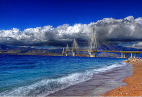 Greece, Bridge of Rio-Antirio, sea, coast, clouds