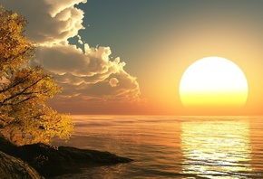 Закат солнца на морском горизонте, горизонт, закат, солнце, море, облака, д ...