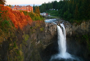 USA, waterfalls, Snoqualmie crag, США, водопад, скала, лес, деревья, здание