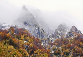 осень, горы, вершина, пик, вид, деревья, багрянец, красиво