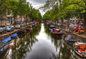 Amsterdam, город, канал, лодки, дома