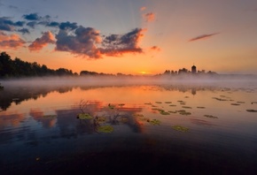 Озеро, деревья, церковь, небо, утро, туман
