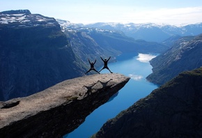 Норвегия, люди, природа, фьорд, красиво, пара, позирует, экстрим, отдых