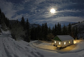 Зима, домик, горы, вечер, снег, леса, красиво