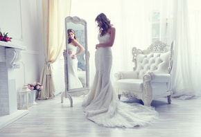 невеста, свадебное платье, платье, зеркало, отражение, кресло, стиль