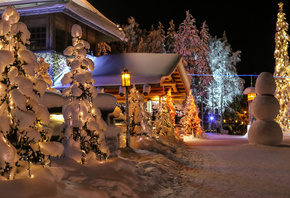 природа, вечер, зимний курорт, Новый год, снеговик, Зима, снег, елки, краси ...
