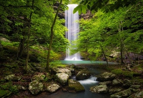 водопад, природа, деревья, зелень, камни