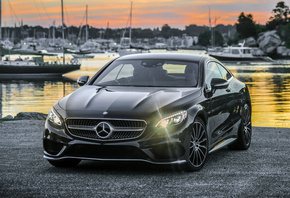 2014, AMG, Mercedes-Benz, S-Class, S 550, C217, Black, мерседес, амг, черный, берег, вечер, яхты