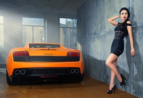 Taha, Girl, Model, Legs, Lamborghini, Gallardo, Orange, Supercar, Rear