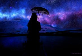 ночь, звезды, небо, девушка, зонтик, космос