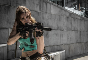 girl, lara kroft, gun, kospley