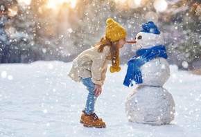 Зима, девочка, снеговик, фото, позитив, настроение