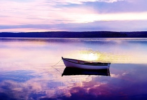 озеро, гладь, лодка, вечер, закат, красиво, эффектно