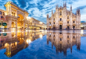 Италия, Милан, миланский собор, площадь, после дождя, отражение, фонари, ог ...