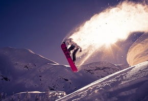 сноубординг, спорт, сноуборд, полет, трюк, снег, горы, небо, шлейф, след, адреналин, экстрим