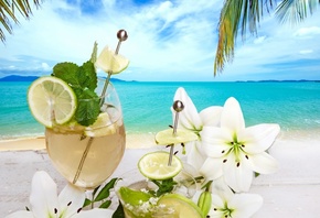 море, пляж, коктейль, цветок