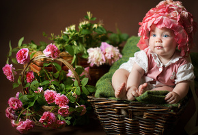 Дети, Анна Леванкова, цветы, ребёнок, девочка, малыш, розы, дети, корзины