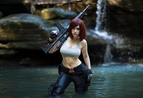 оружие, вода, девушка, рыжая, винтовка