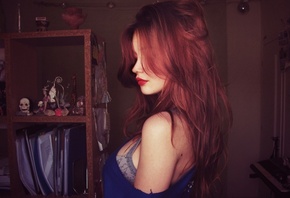 girl, blue, red hair