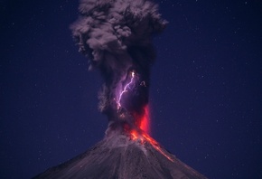 вулкан, извержение, красиво, ночь, звезды, молния