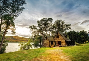 cottage, grass, tree, river, water