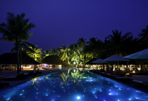 курорт, тропики, вечер, бассейн, отдых, огоньки, красиво