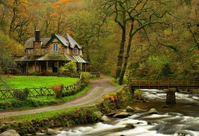 river, house, hills, tree