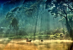 fog, boat, lake, mountain