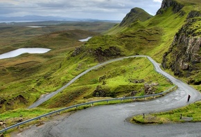 road, mountain, lagoon, green, grass