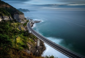 bridge, ocean, road, mountain