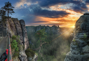 sunset, bridge, mountain, sun