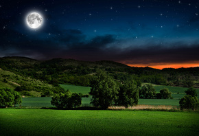 moon, hills, fields, night