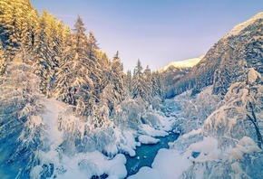 природа, горы, Зима, снег, горная река, красиво