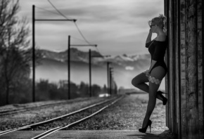station, shoes, stockings, model