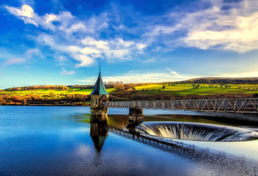 bridge, lake, hills, water