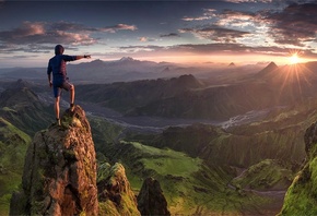 climb, sunrise, mountain, valley