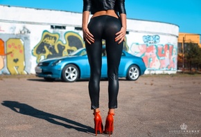 women, model ass, high heels, leather leggings, skinny, Black clothes