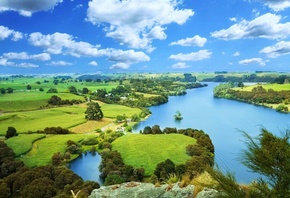 river, village, grass, fields