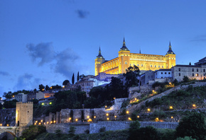 Испания, Крепость, Небо, HDR, Ночь, Фонари, Alcazar, Toledo, Город
