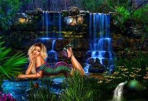 waterfall, water, rocks, girl, dress