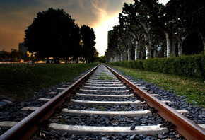 train line, trees, city, sunset