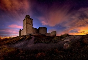 lights, castle, old, city, stars, sky