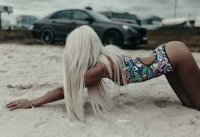 women, dyed hair, bent over, model, sand, ass, one-piece swimsuit, brunette, Alexander Belavin, car