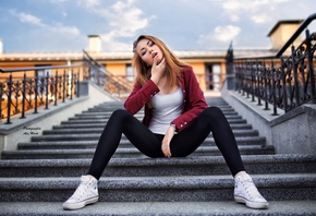 women, model, stairs, sitting, redhead, finger on lips, Converse, Yana Rzheusskaya, T-shirt, shirt