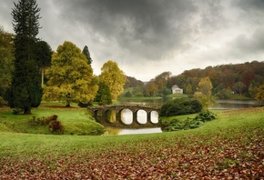 house, bridge, river, trees, grass