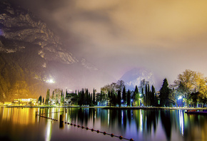 lake, lights, night, village, mountains, reflection