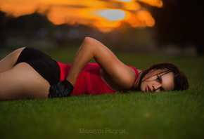 women, model, brunette, ass, shorts, gloves, women outdoors, sunset, grass, ...